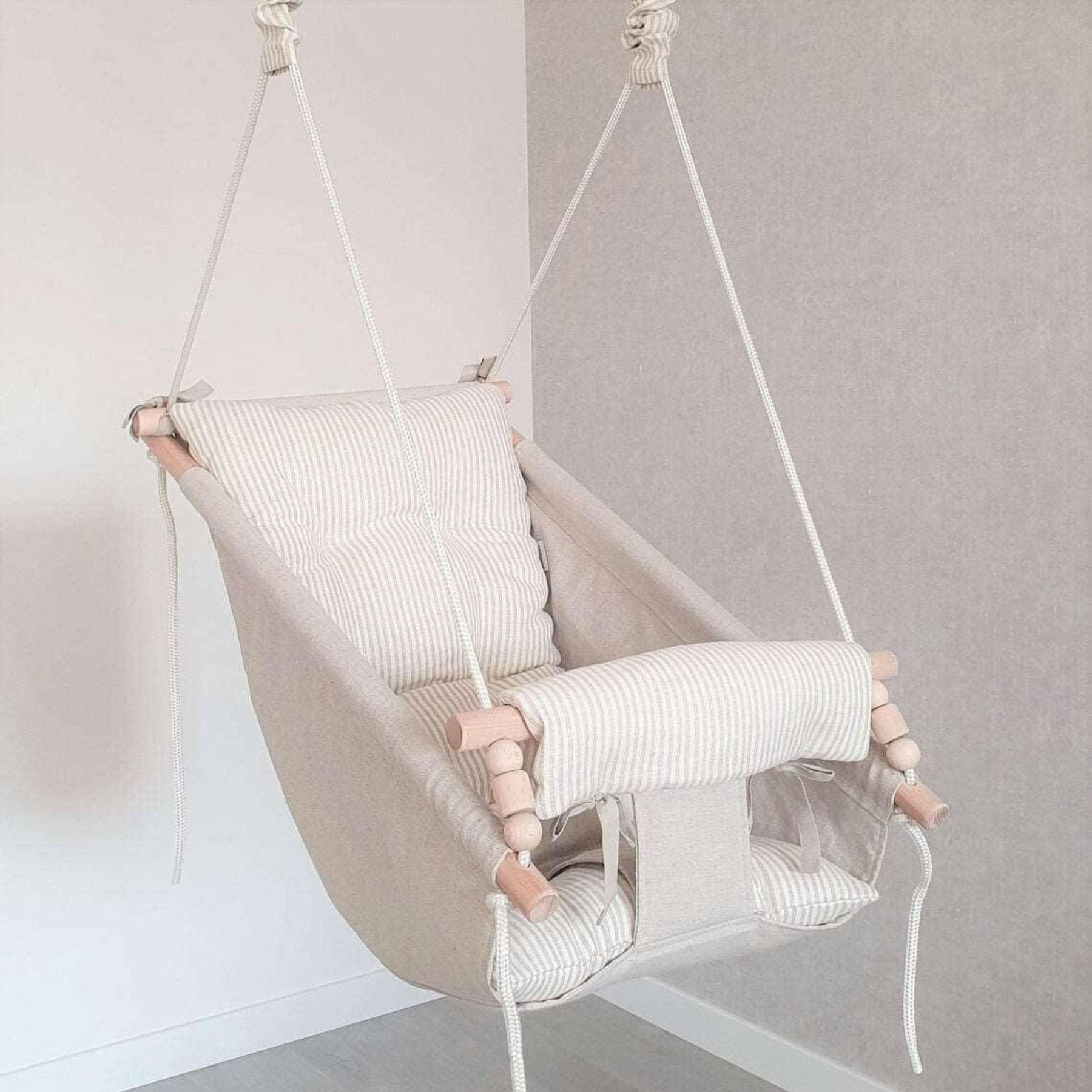Babyschaukel Babyliegeschaukel Leinenstoff Beige gestreift