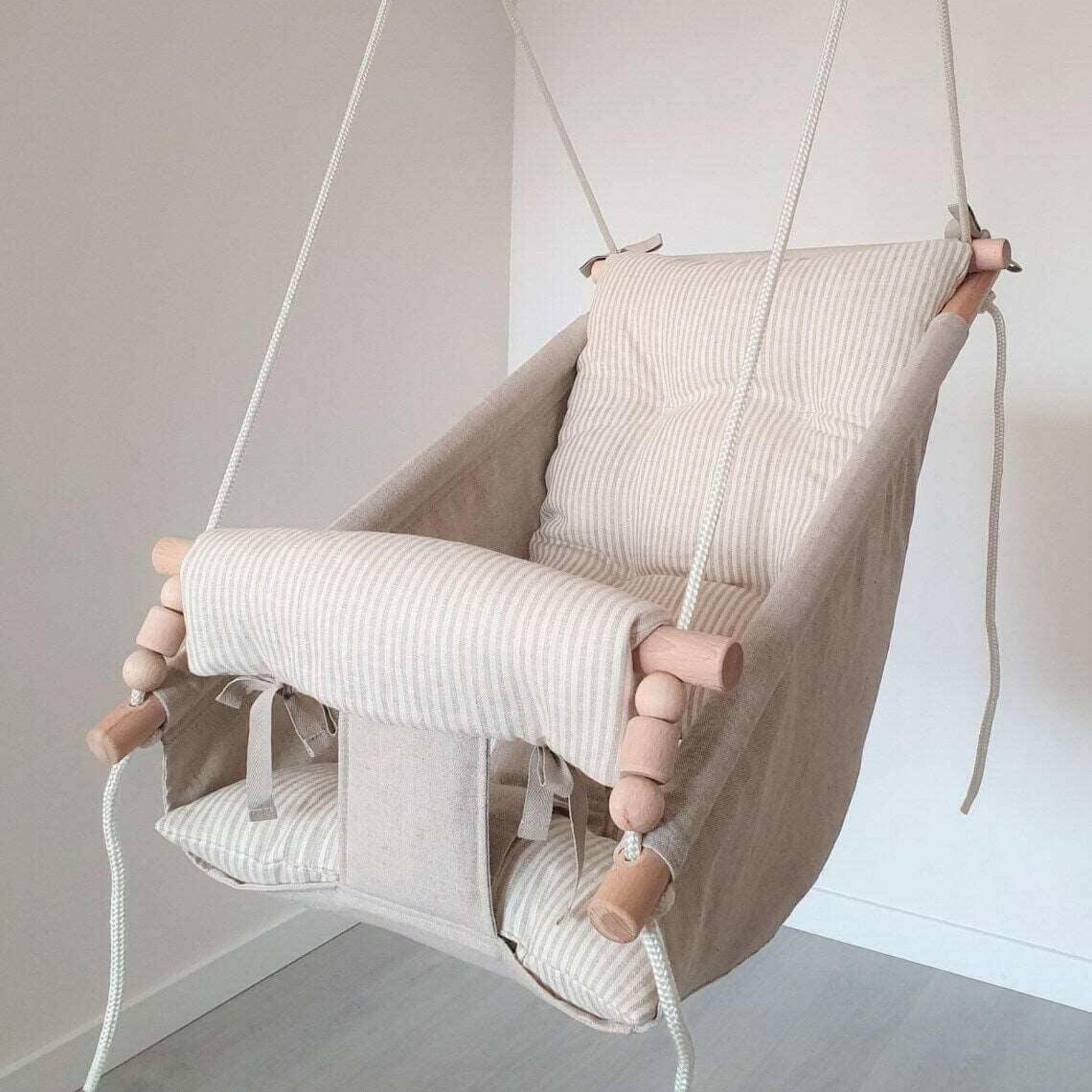 Babyschaukel Babyliegeschaukel Leinenstoff Beige gestreift