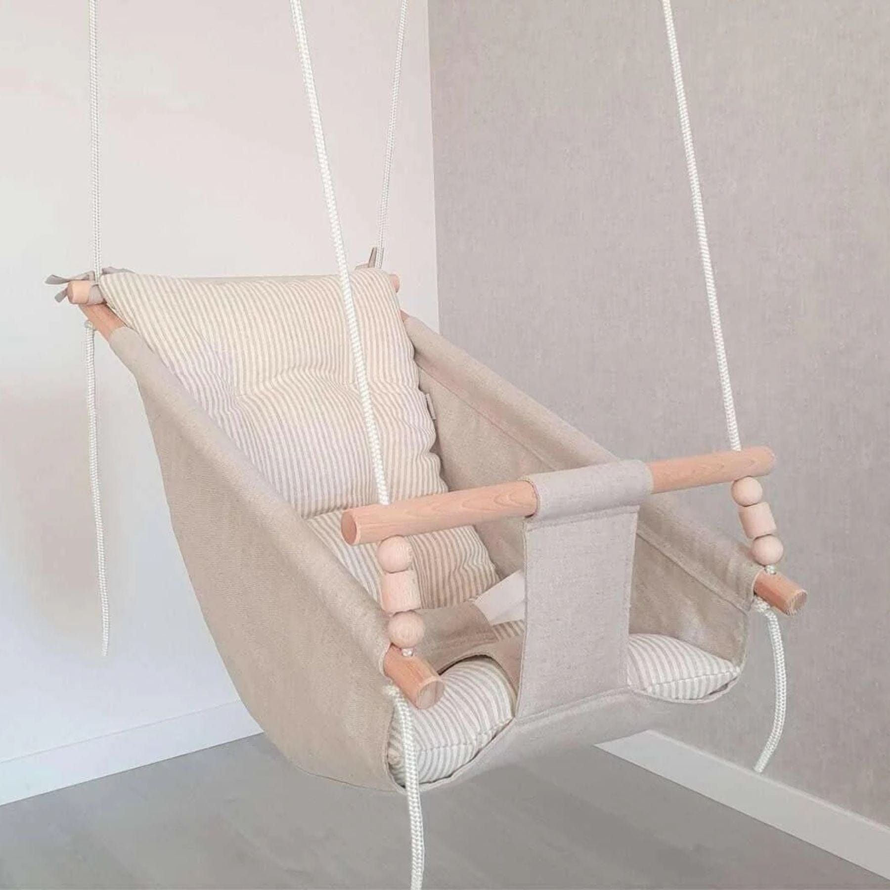 Babyschaukel Babyliegeschaukel Leinenstoff Beige gestreift