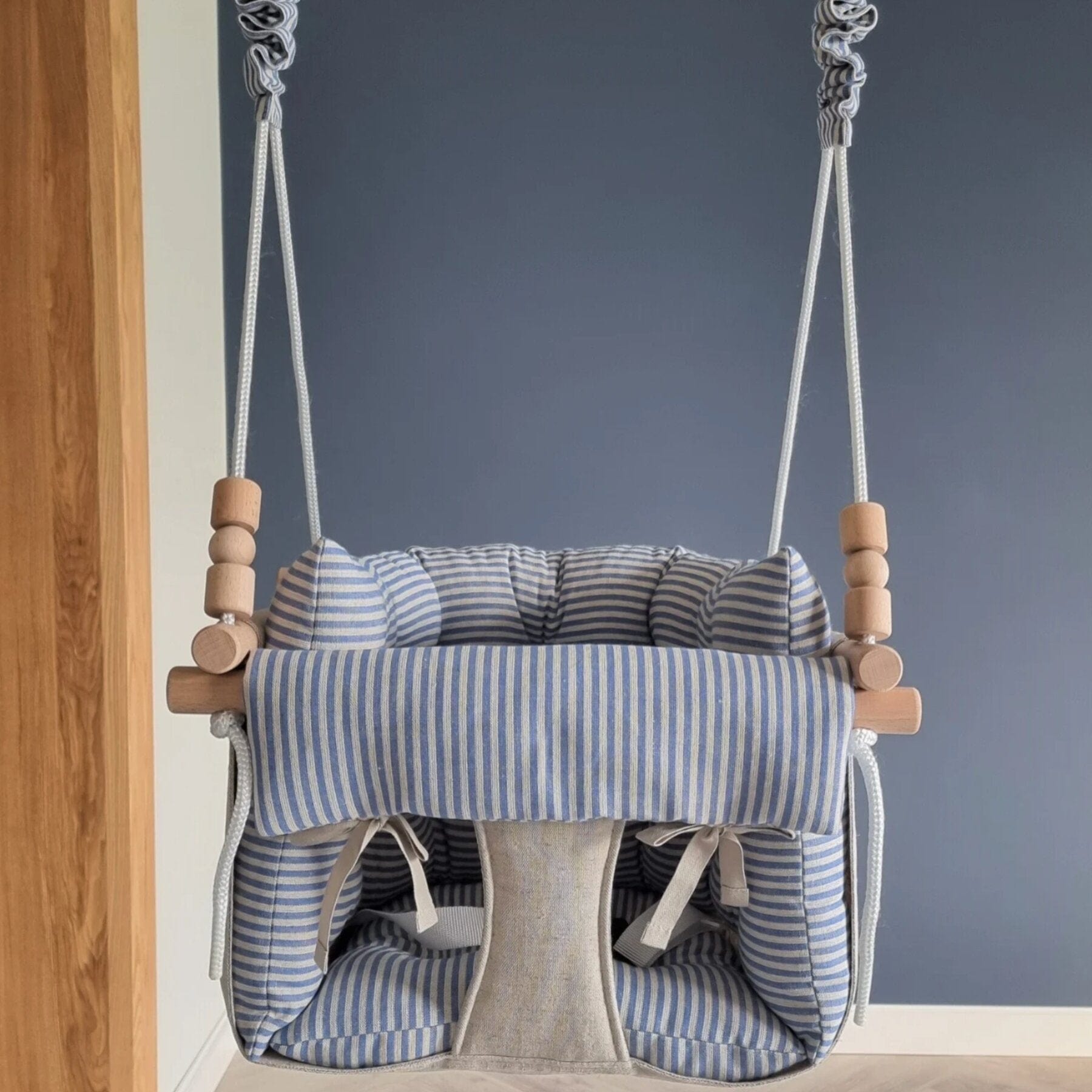 Babyschaukel Luxus Leinenkissen Blau Gestreift - LeoBabys