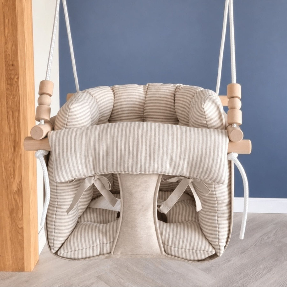 Schaukel Premium Babyschaukel Leinenkissen Beige Gestreift