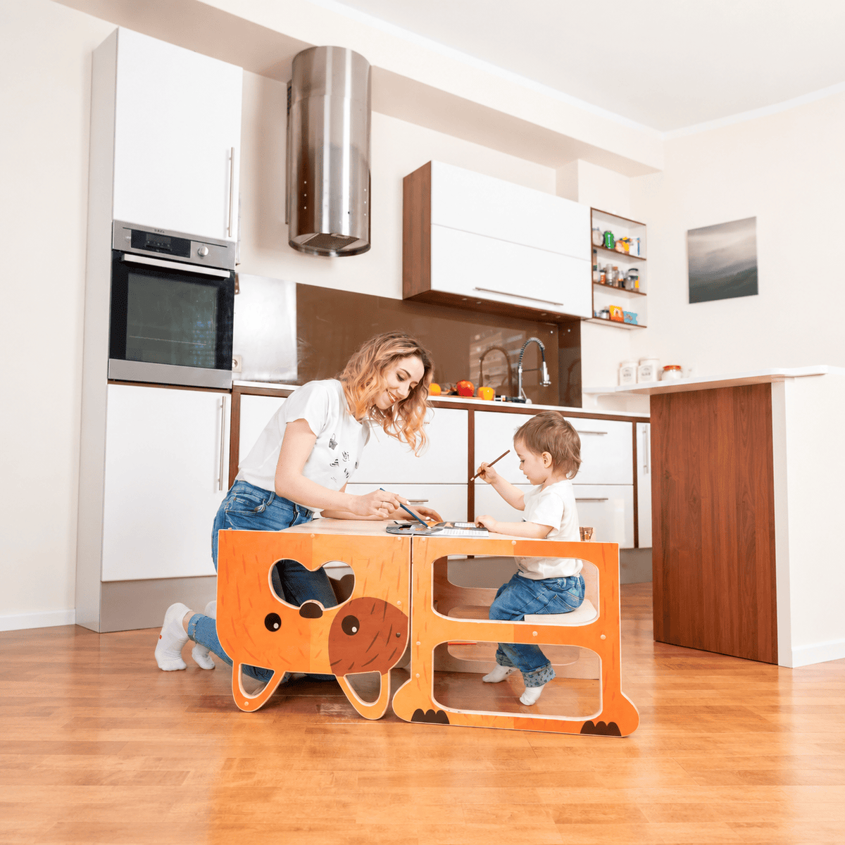 Learning Tower Lernturm für zwei Kinder Wandelbar Montessori Holz Bio Natürlich - LeoBabys