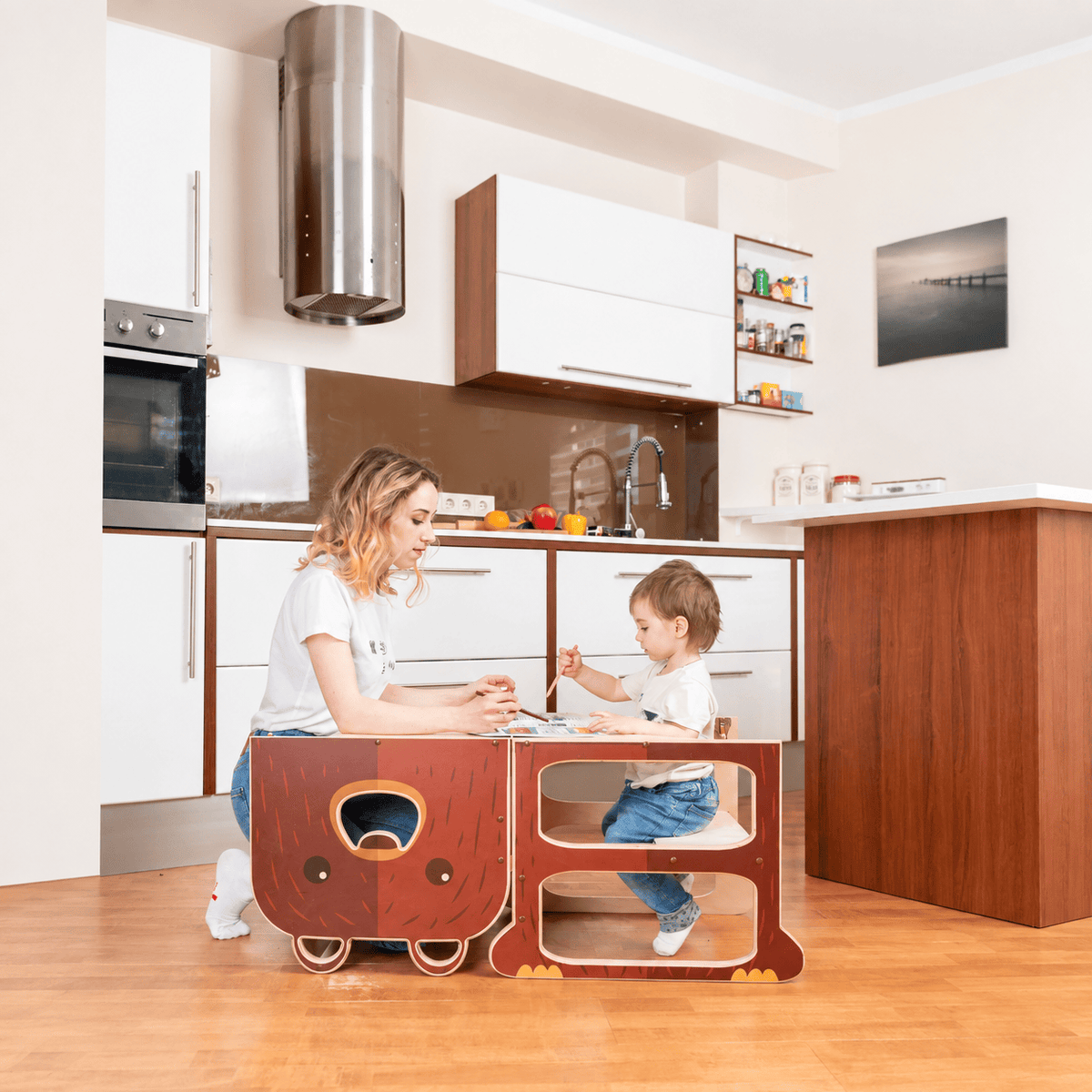 Learning Tower Lernturm für zwei Kinder Wandelbar Montessori Holz Bio Natürlich - LeoBabys