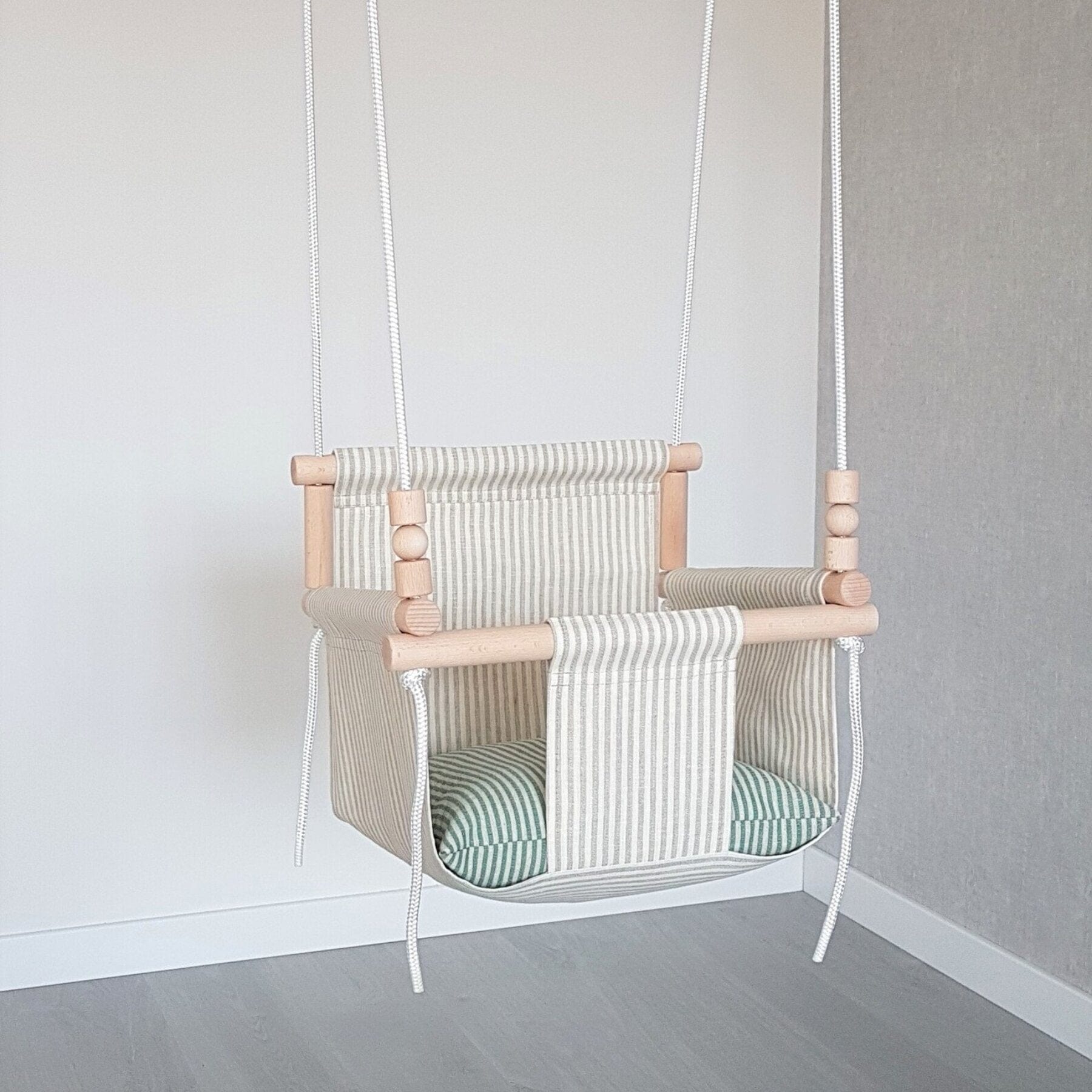 Babyschaukel mit hoher Rückenlehne Leinen Beige-Gestreift - LeoBabys