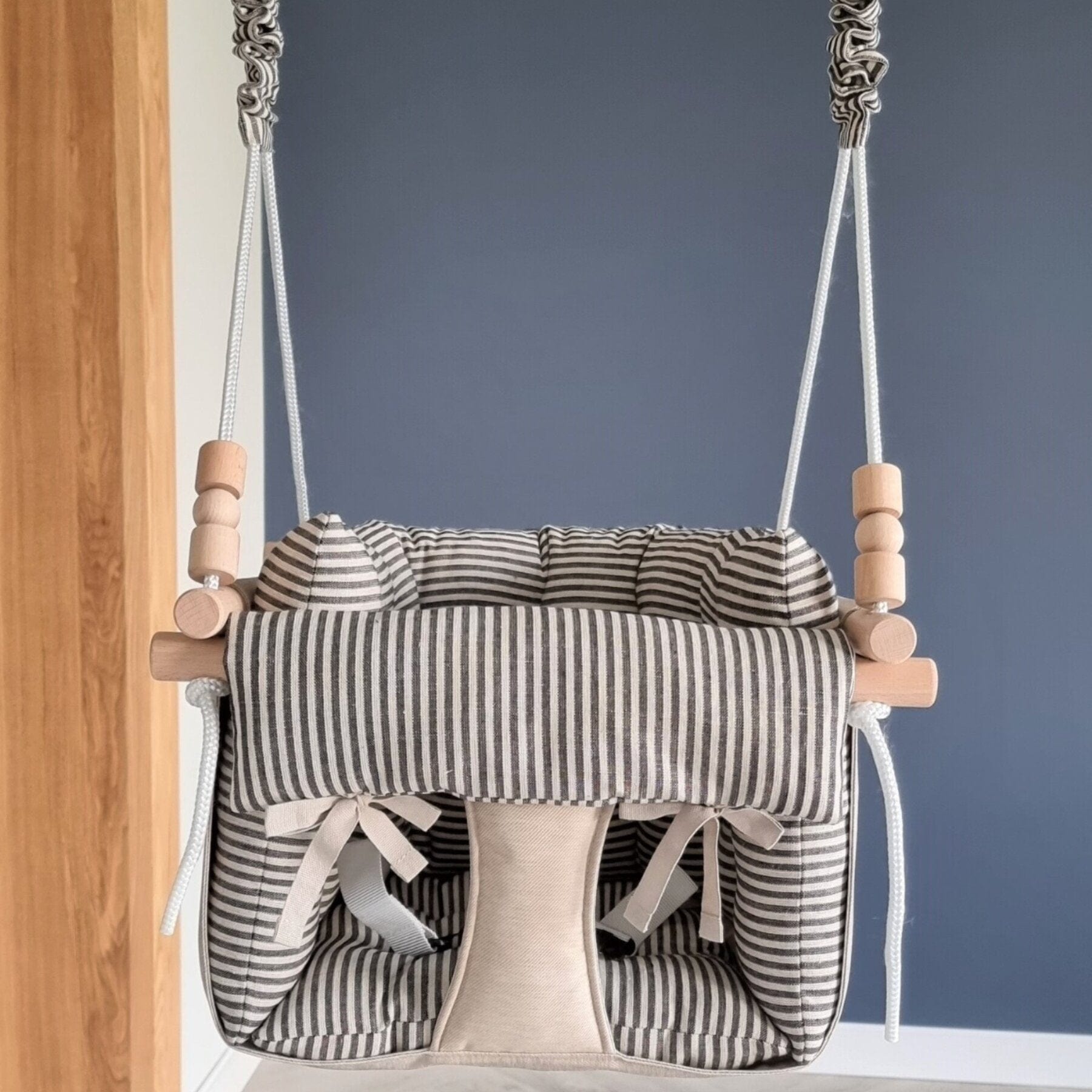 Babyschaukel Luxus Stoff Beige-Schwarz Gestreift - LeoBabys