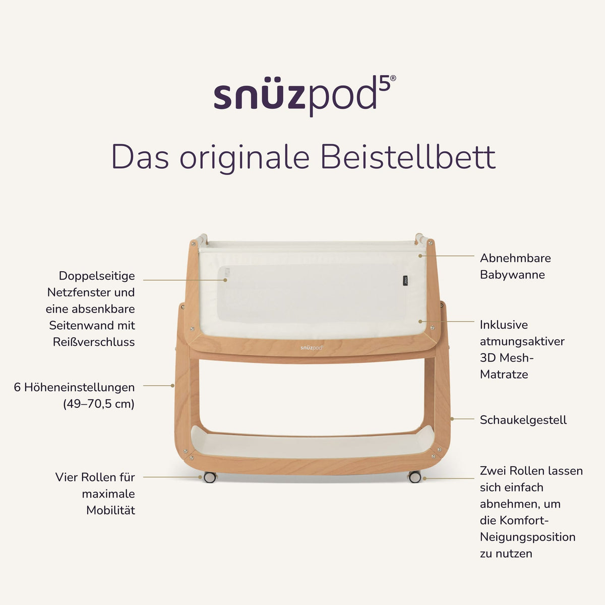 Beistellbetten Snüz SnüzPod5 Beistellbett Natural mit Matratze, Liegefläche 80 × 44 cm