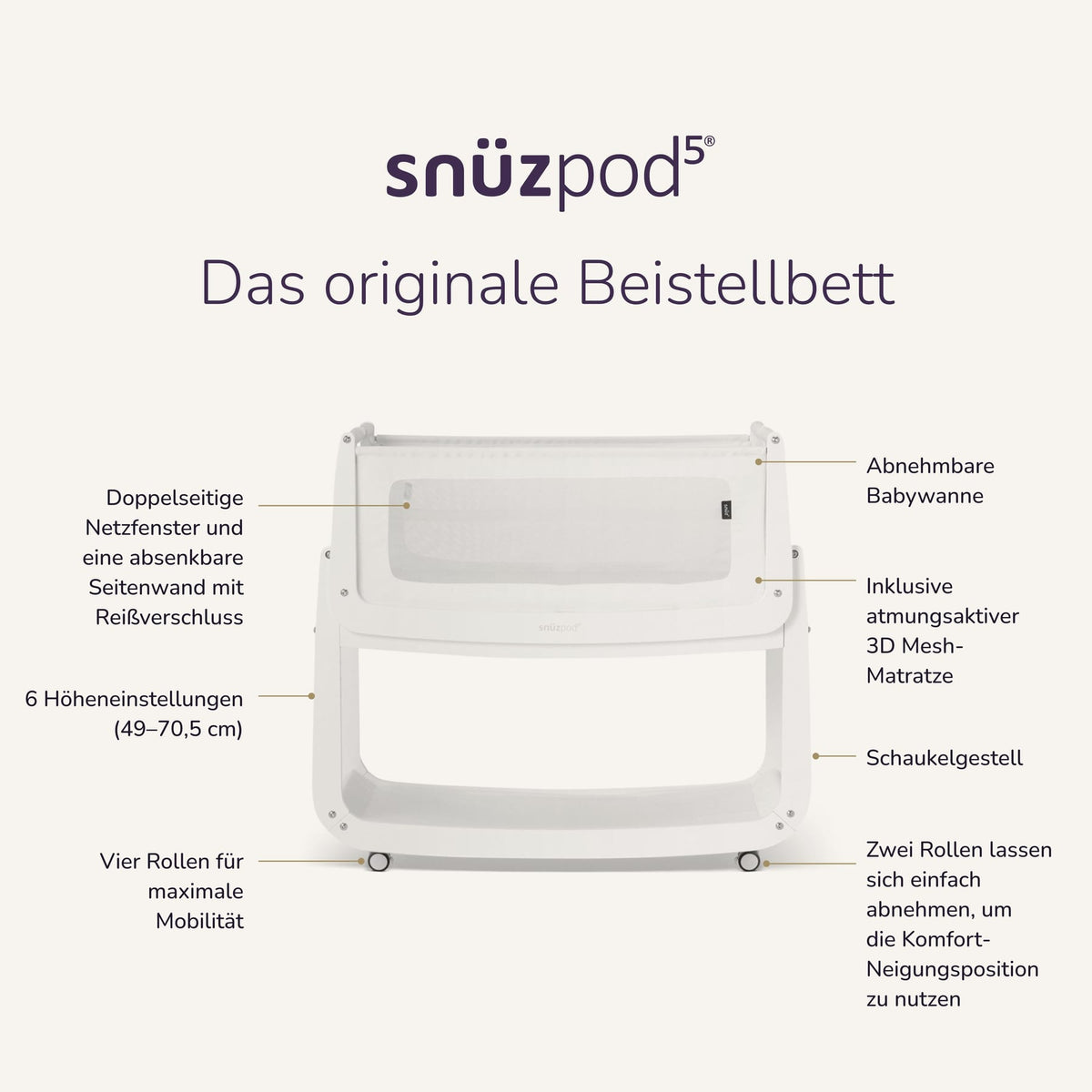Beistellbetten Snüz SnüzPod5 Beistellbett White mit Matratze, Liegefläche 80 × 44 cm
