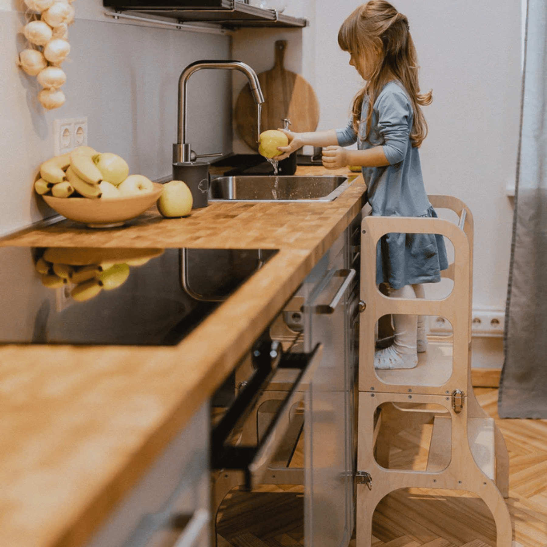 Convertible Montessori learning tower and table, 2 in 1 made of wood