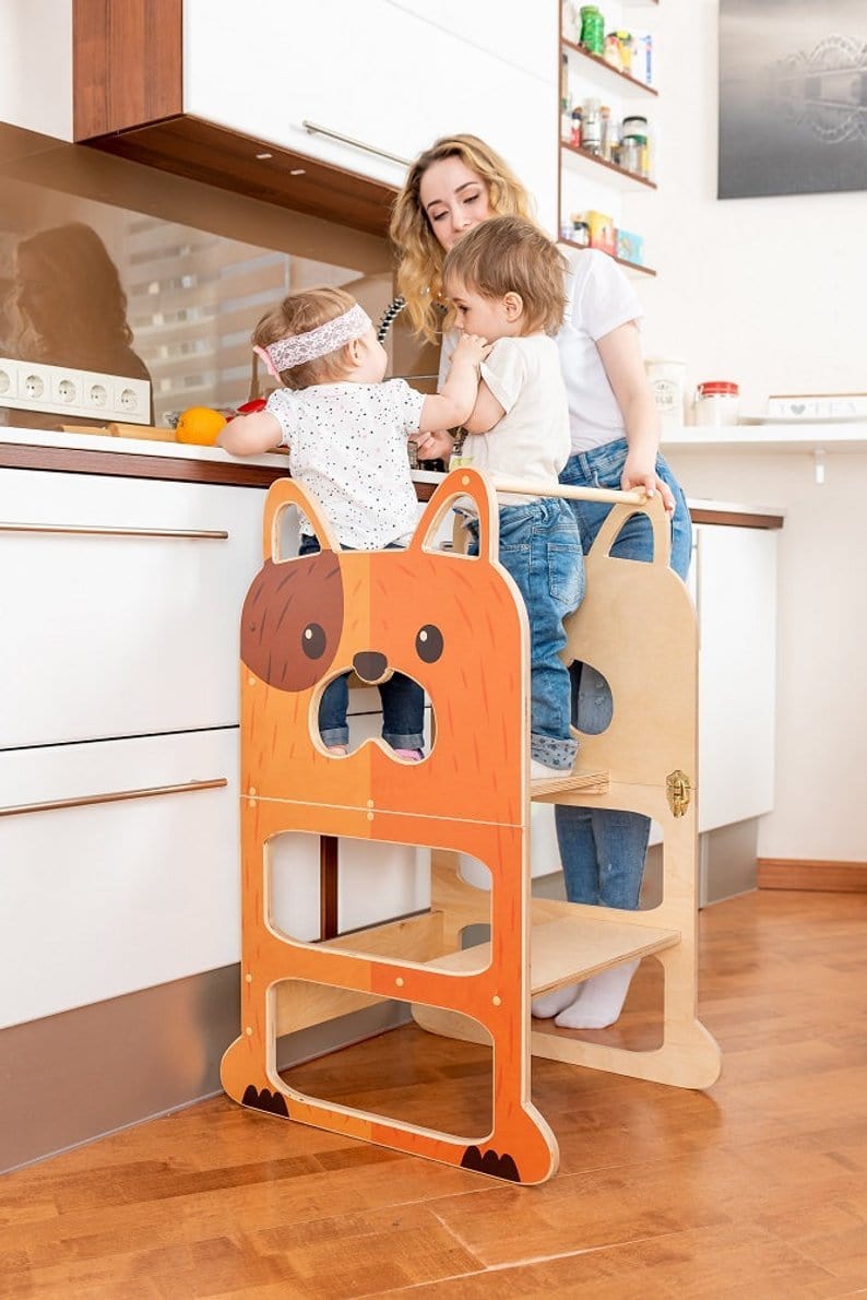 Learning Tower Lernturm für zwei Kinder Groß Tisch und Stuhl Wandelbar Montessori für Kinder aus Holz Bio Natürlich - LeoBabys