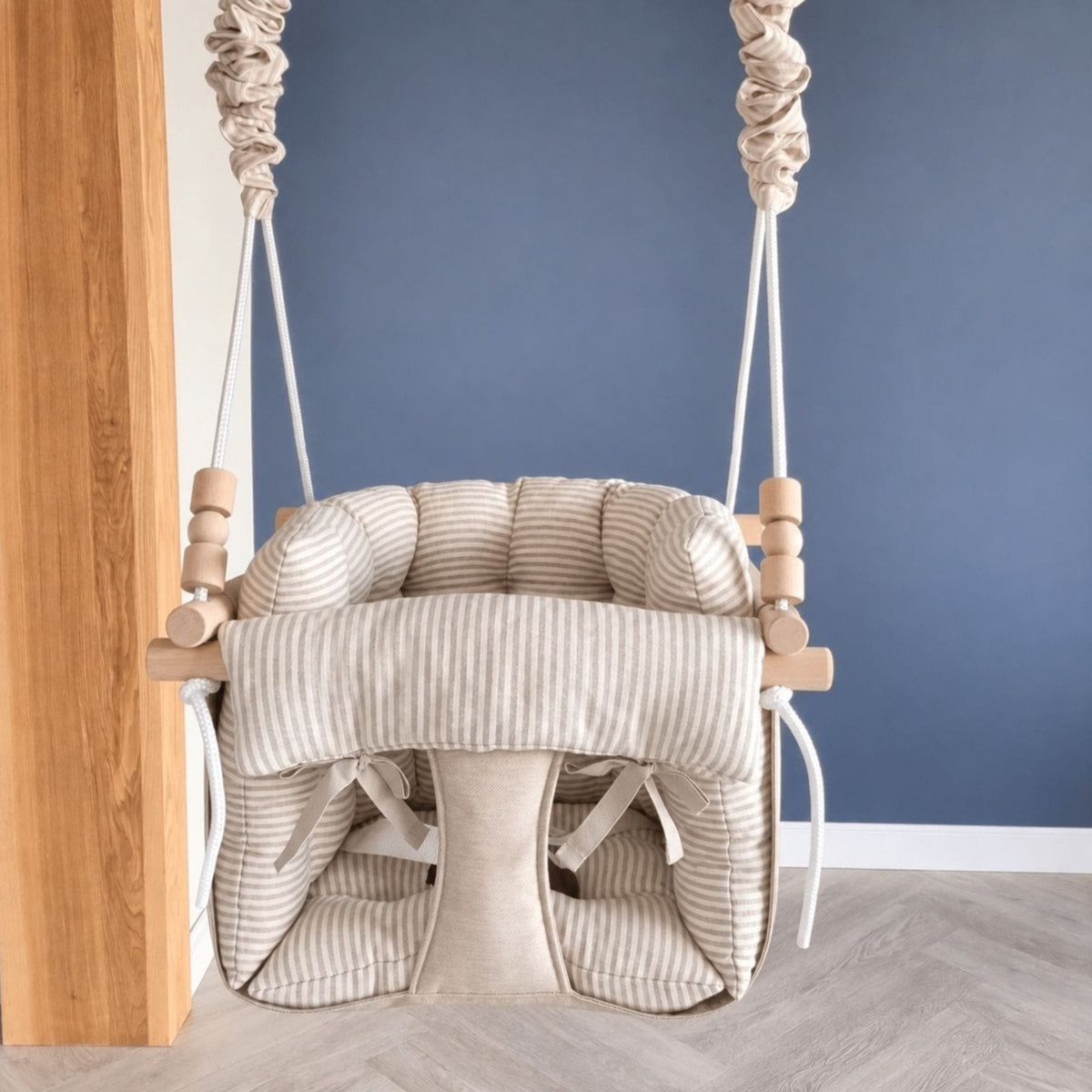 Premium Babyschaukel Leinenkissen Beige Gestreift