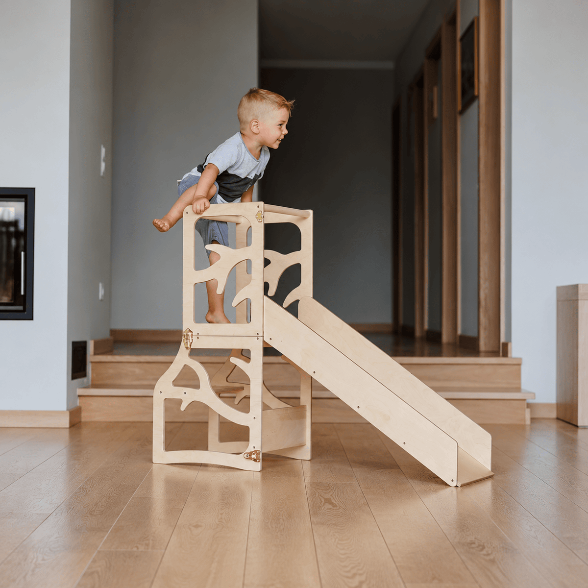 Learning Tower 3in1 wandelbarer Montessori Lernturm - mit Rutsche oder Hocker - Tree Design