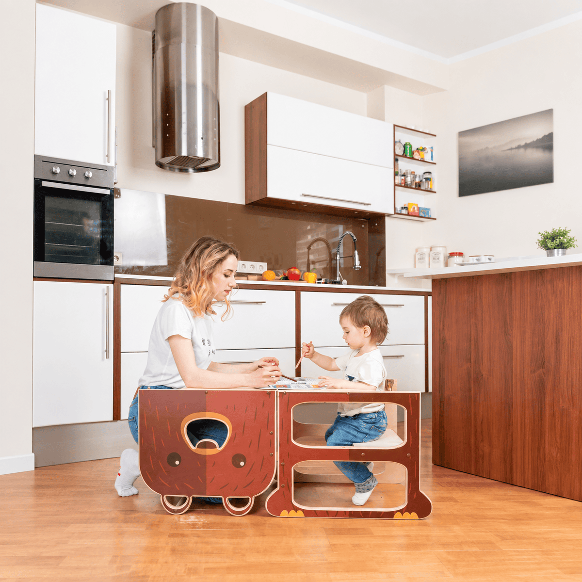 Learning Tower Lernturm für zwei Kinder Wandelbar Montessori Holz Bio Natürlich - LeoBabys