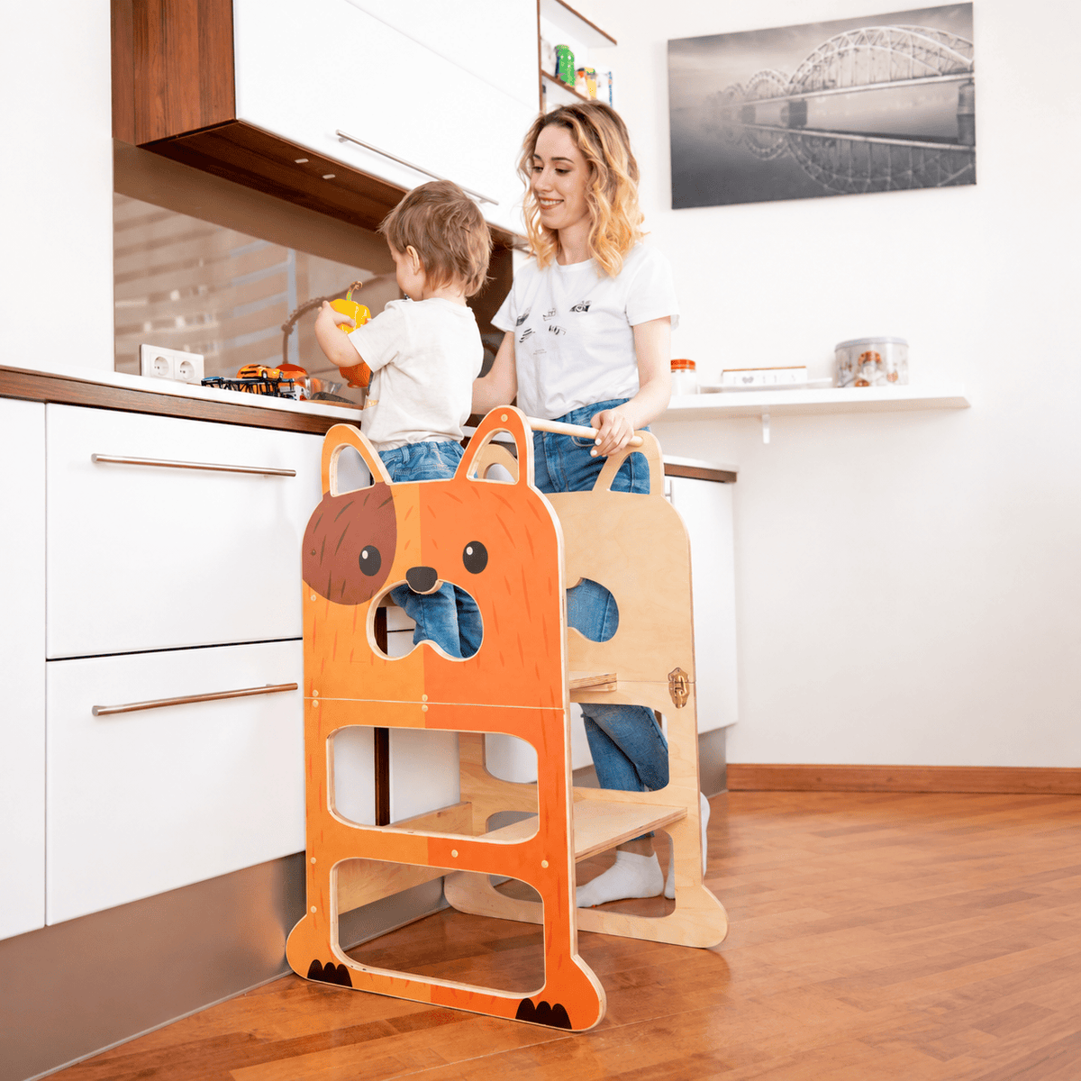 Learning Tower Lernturm für zwei Kinder Wandelbar Montessori Holz Bio Natürlich - LeoBabys