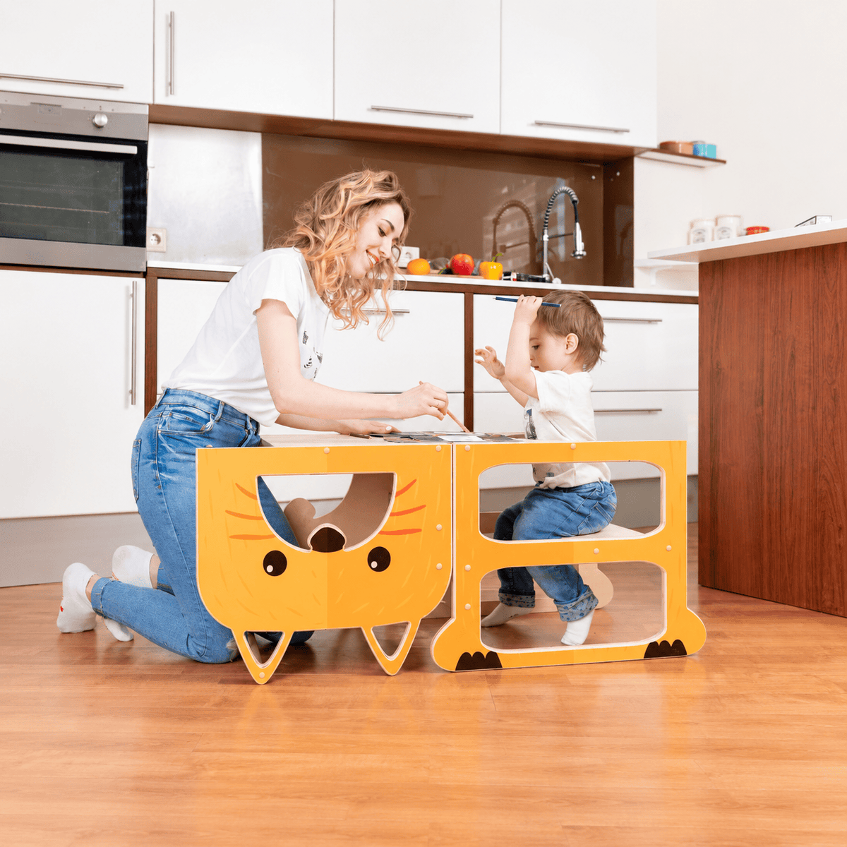Learning Tower Lernturm für zwei Kinder Wandelbar Montessori Holz Bio Natürlich - LeoBabys
