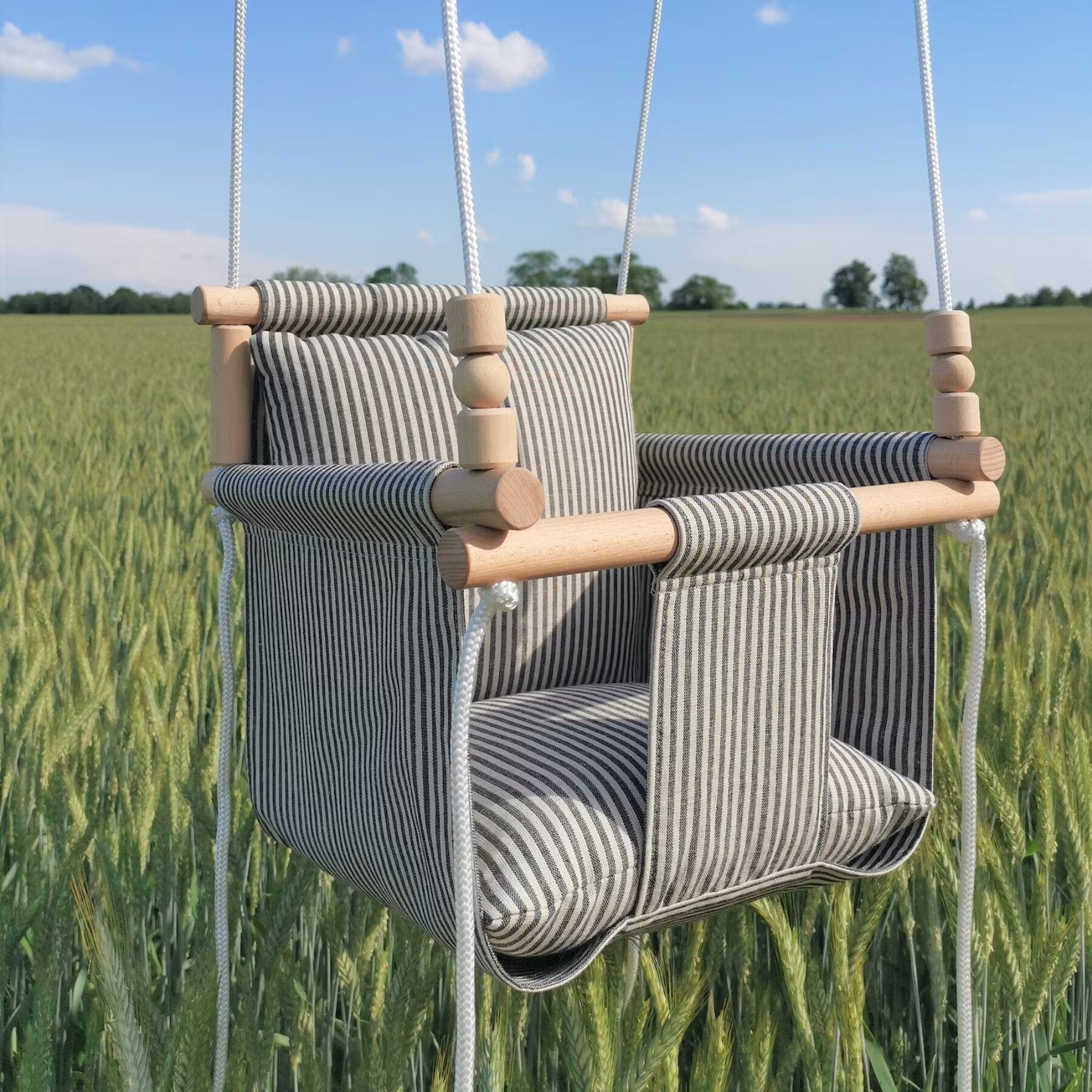 Babyschaukel mit hoher Rückenlehne Leinen Beige-Schwarz-Gestreift - LeoBabys