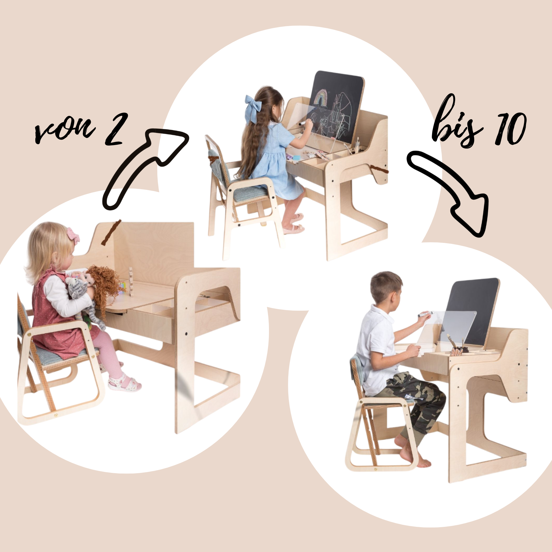Children's desk height adjustable and grows with the child made of wood 
