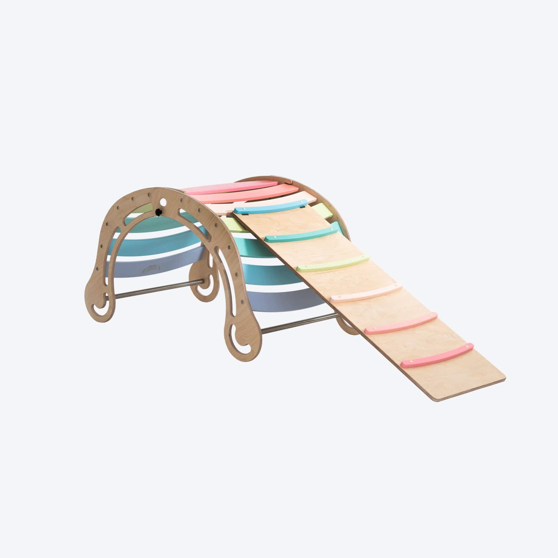 Kletterbogen Pikler Bogen Klappbar Pastell - LeoBabys Schaukel Kletterbogen Wippe  Klappbar Pastell-Farben nach Pikler Bio Holz Bunt Farbig Schaukelwippe mit Rampe