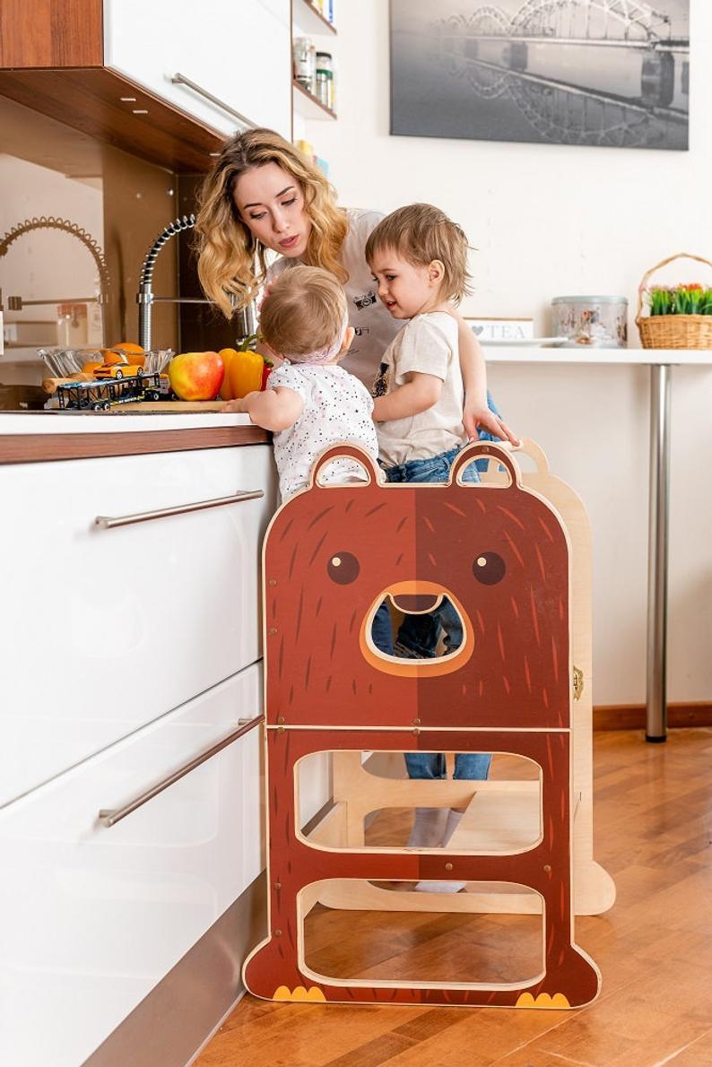 Learning Tower Lernturm für zwei Kinder Groß Tisch und Stuhl Wandelbar Montessori für Kinder aus Holz Bio Natürlich - LeoBabys