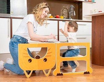 Learning Tower Lernturm für zwei Kinder Groß Tisch und Stuhl Wandelbar Montessori für Kinder aus Holz Bio Natürlich - LeoBabys
